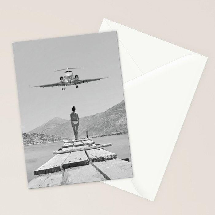Steady As She Goes; aircraft coming in for an island landing black and white photography- photographs Stationery Card Gallery Image 2