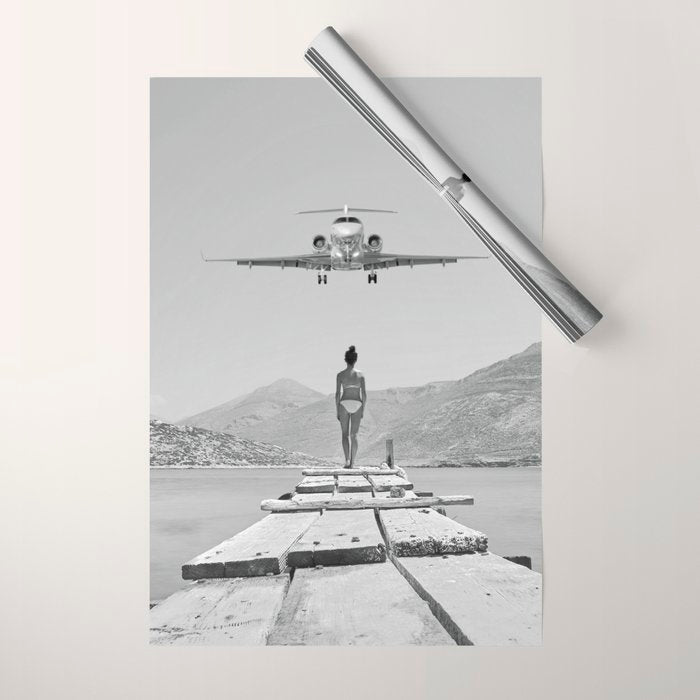 Steady As She Goes; aircraft coming in for an island landing black and white photography- photographs Wrapping Paper Gallery Image 1