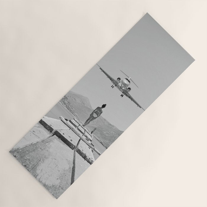 Steady As She Goes; aircraft coming in for an island landing black and white photography- photographs Yoga Mat Gallery Image 1