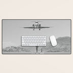 Steady As She Goes; aircraft coming in for an island landing black and white photography- photographs Desk Mat Gallery Image 1