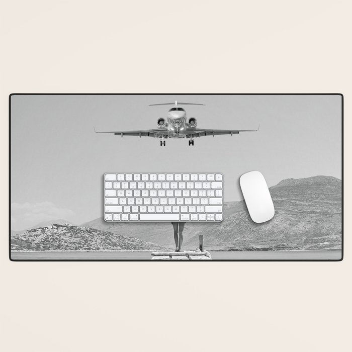Steady As She Goes; aircraft coming in for an island landing black and white photography- photographs Desk Mat Gallery Image 1