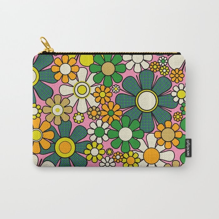 Retro 60s 70s Maximalist Floral Gingham Flowers Pattern in Green Pink Yellow Orange Carry All Pouch Gallery Image 1