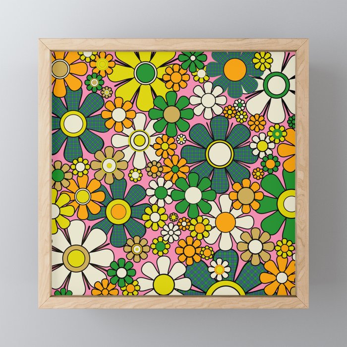 Retro 60s 70s Maximalist Floral Gingham Flowers Pattern in Green Pink Yellow Orange Mini Art Print Gallery Image 1