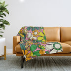 Retro 60s 70s Maximalist Floral Gingham Flowers Pattern in Green Pink Yellow Orange Throw Blanket Gallery Image 1