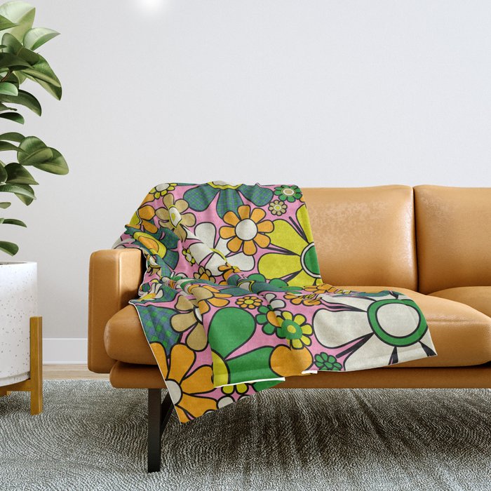 Retro 60s 70s Maximalist Floral Gingham Flowers Pattern in Green Pink Yellow Orange Throw Blanket Gallery Image 1