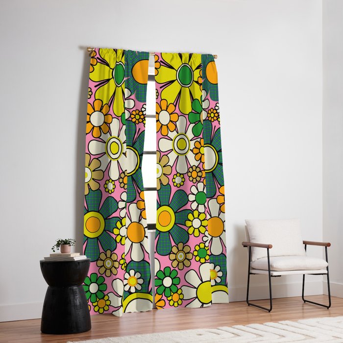 Retro 60s 70s Maximalist Floral Gingham Flowers Pattern in Green Pink Yellow Orange Window Curtain Gallery Image 2
