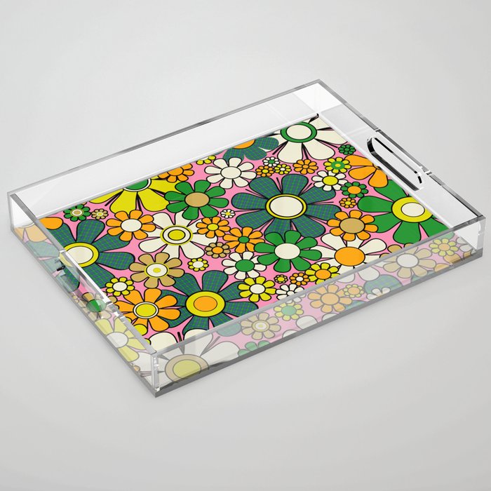 Retro 60s 70s Maximalist Floral Gingham Flowers Pattern in Green Pink Yellow Orange Acrylic Tray Gallery Image 1