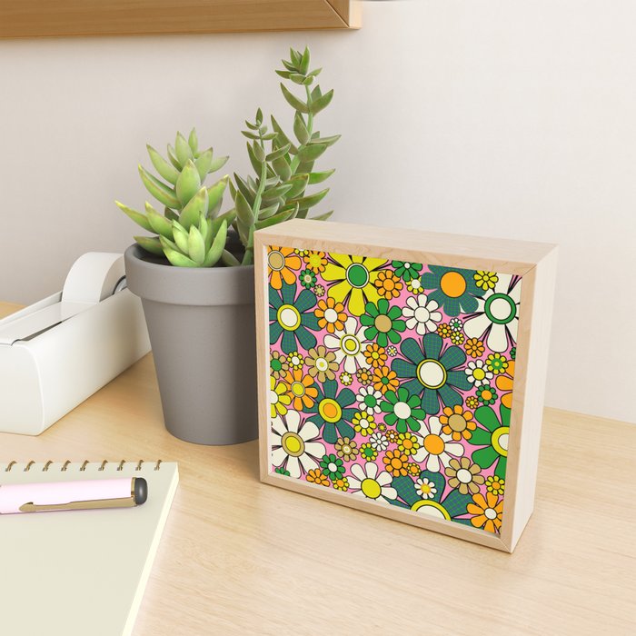 Retro 60s 70s Maximalist Floral Gingham Flowers Pattern in Green Pink Yellow Orange Mini Art Print Gallery Image 2