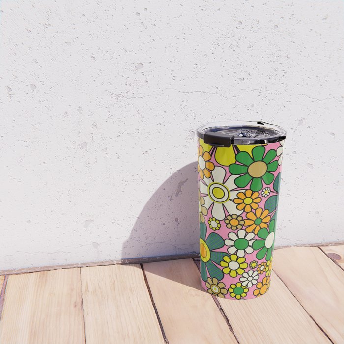 Retro 60s 70s Maximalist Floral Gingham Flowers Pattern in Green Pink Yellow Orange Travel Mug Gallery Image 4