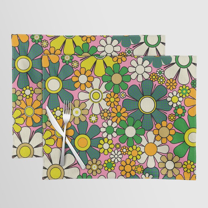 Retro 60s 70s Maximalist Floral Gingham Flowers Pattern in Green Pink Yellow Orange Placemat Gallery Image 1