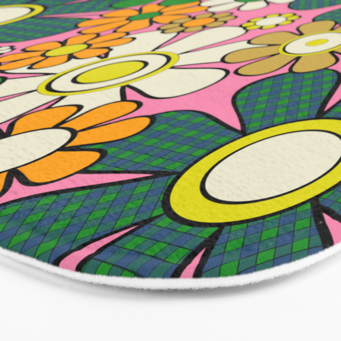 Retro 60s 70s Maximalist Floral Gingham Flowers Pattern in Green Pink Yellow Orange Bath Mat Gallery Image 3