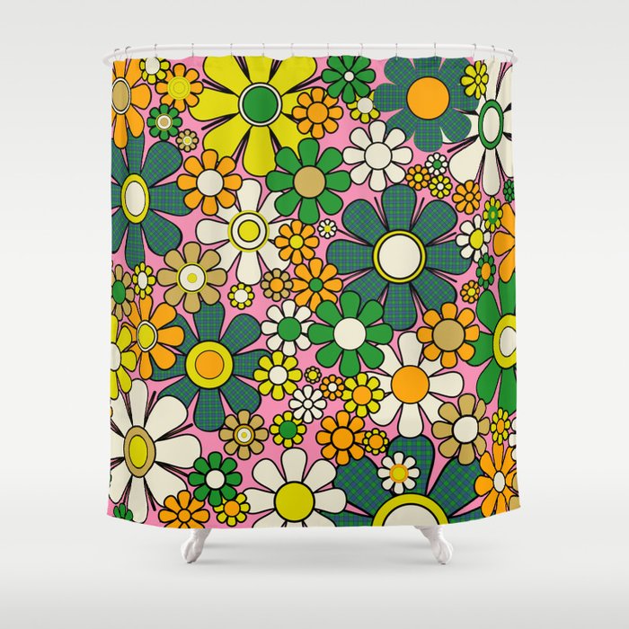 Retro 60s 70s Maximalist Floral Gingham Flowers Pattern in Green Pink Yellow Orange Shower Curtain Gallery Image 1