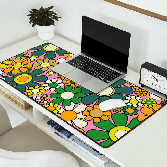 Retro 60s 70s Maximalist Floral Gingham Flowers Pattern in Green Pink Yellow Orange Desk Mat Gallery Image 2