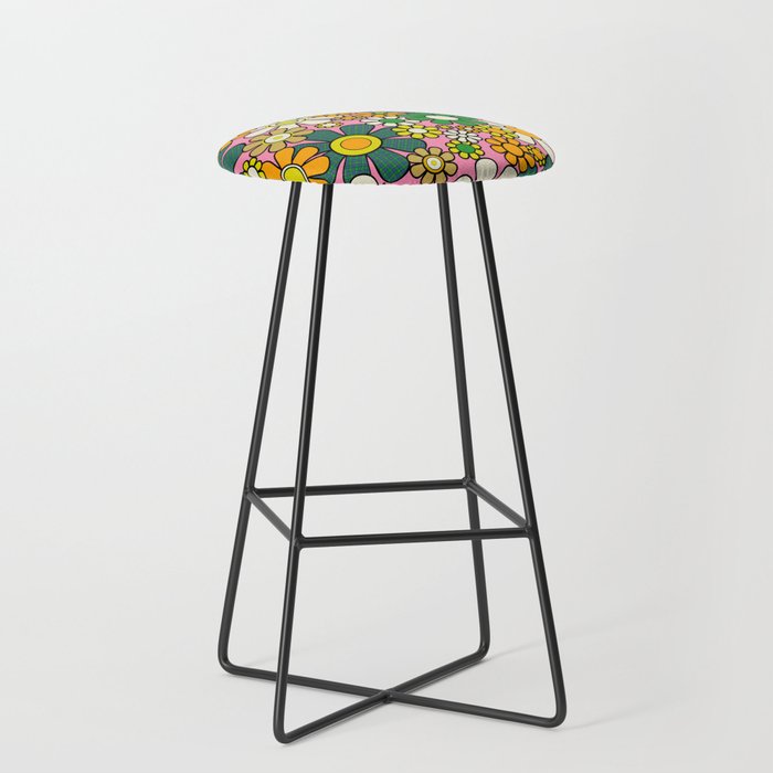 Retro 60s 70s Maximalist Floral Gingham Flowers Pattern in Green Pink Yellow Orange Stool Gallery Image 1