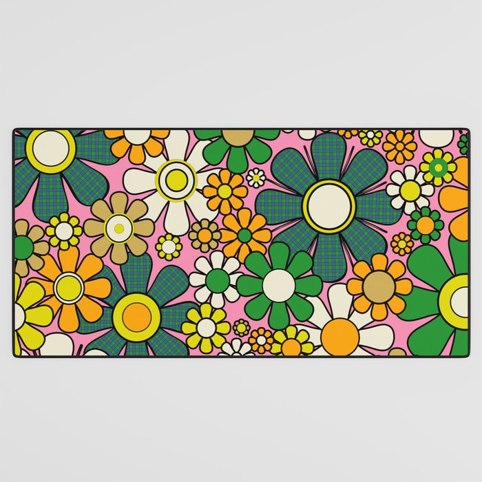 Retro 60s 70s Maximalist Floral Gingham Flowers Pattern in Green Pink Yellow Orange Desk Mat Gallery Image 3