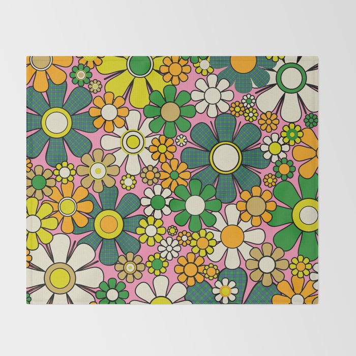 Retro 60s 70s Maximalist Floral Gingham Flowers Pattern in Green Pink Yellow Orange Throw Blanket Gallery Image 2