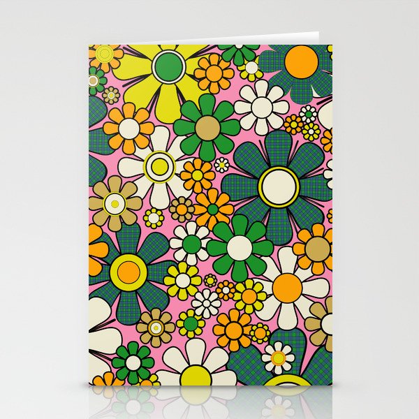Retro 60s 70s Maximalist Floral Gingham Flowers Pattern in Green Pink Yellow Orange Stationery Card Gallery Image 2