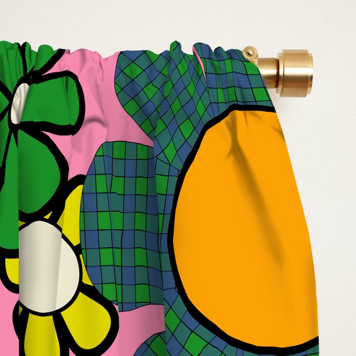 Retro 60s 70s Maximalist Floral Gingham Flowers Pattern in Green Pink Yellow Orange Window Curtain Gallery Image 2