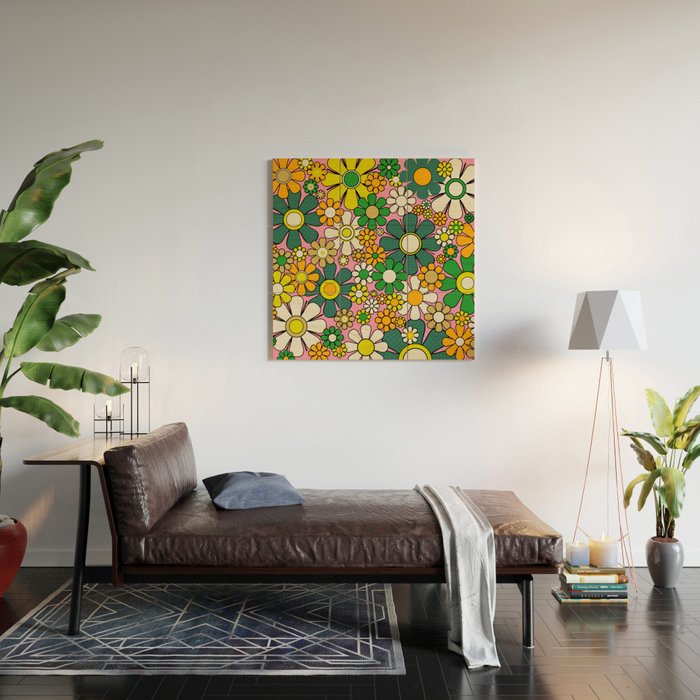 Retro 60s 70s Maximalist Floral Gingham Flowers Pattern in Green Pink Yellow Orange Wood Wall Art Gallery Image 2