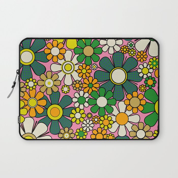 Retro 60s 70s Maximalist Floral Gingham Flowers Pattern in Green Pink Yellow Orange Laptop Sleeve Gallery Image 1