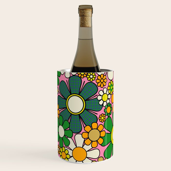 Retro 60s 70s Maximalist Floral Gingham Flowers Pattern in Green Pink Yellow Orange Wine Chiller Gallery Image 3