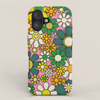 Retro 60s 70s Maximalist Floral Gingham Flowers Pattern in Green Pink Yellow Orange iPhone Case Gallery Image 1