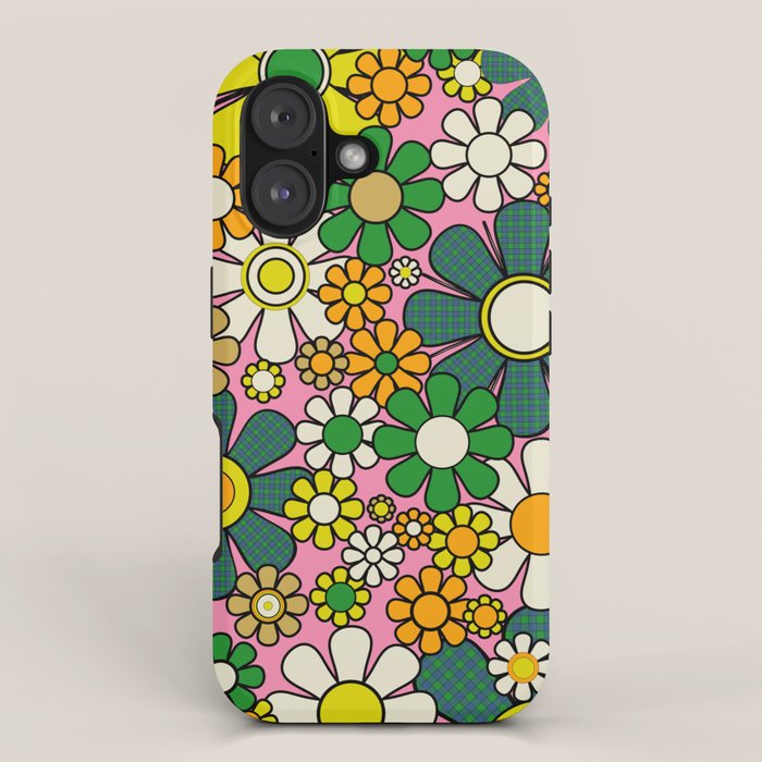Retro 60s 70s Maximalist Floral Gingham Flowers Pattern in Green Pink Yellow Orange iPhone Case Gallery Image 1