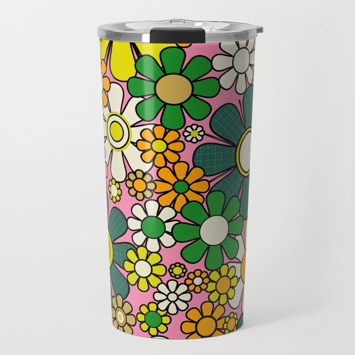 Retro 60s 70s Maximalist Floral Gingham Flowers Pattern in Green Pink Yellow Orange Travel Mug Gallery Image 1