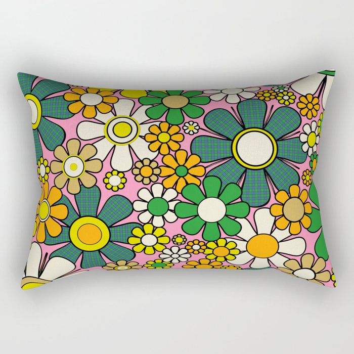 Retro 60s 70s Maximalist Floral Gingham Flowers Pattern in Green Pink Yellow Orange Rectangular Pillow Gallery Image 1