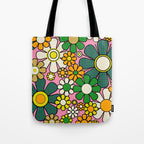 Retro 60s 70s Maximalist Floral Gingham Flowers Pattern in Green Pink Yellow Orange Tote Bag Gallery Image 1