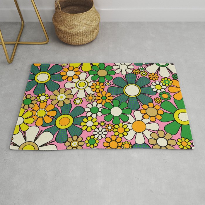 Retro 60s 70s Maximalist Floral Gingham Flowers Pattern in Green Pink Yellow Orange Rug Gallery Image 1