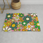 Retro 60s 70s Maximalist Floral Gingham Flowers Pattern in Green Pink Yellow Orange Rug Gallery Image 1