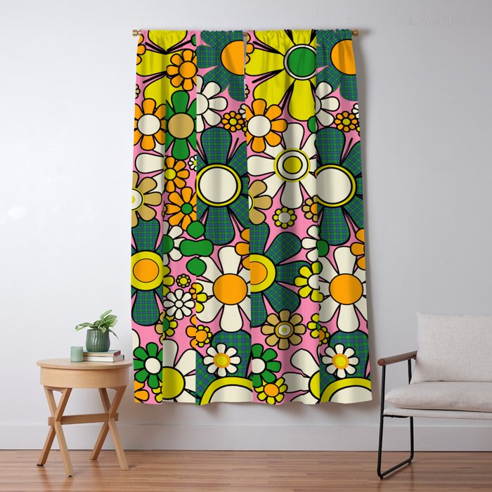 Retro 60s 70s Maximalist Floral Gingham Flowers Pattern in Green Pink Yellow Orange Window Curtain Gallery Image 5