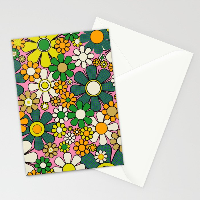 Retro 60s 70s Maximalist Floral Gingham Flowers Pattern in Green Pink Yellow Orange Stationery Card Gallery Image 2