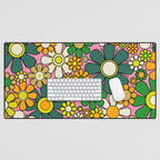 Retro 60s 70s Maximalist Floral Gingham Flowers Pattern in Green Pink Yellow Orange Desk Mat Gallery Image 1