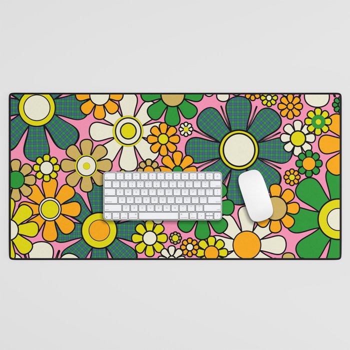 Retro 60s 70s Maximalist Floral Gingham Flowers Pattern in Green Pink Yellow Orange Desk Mat Gallery Image 1