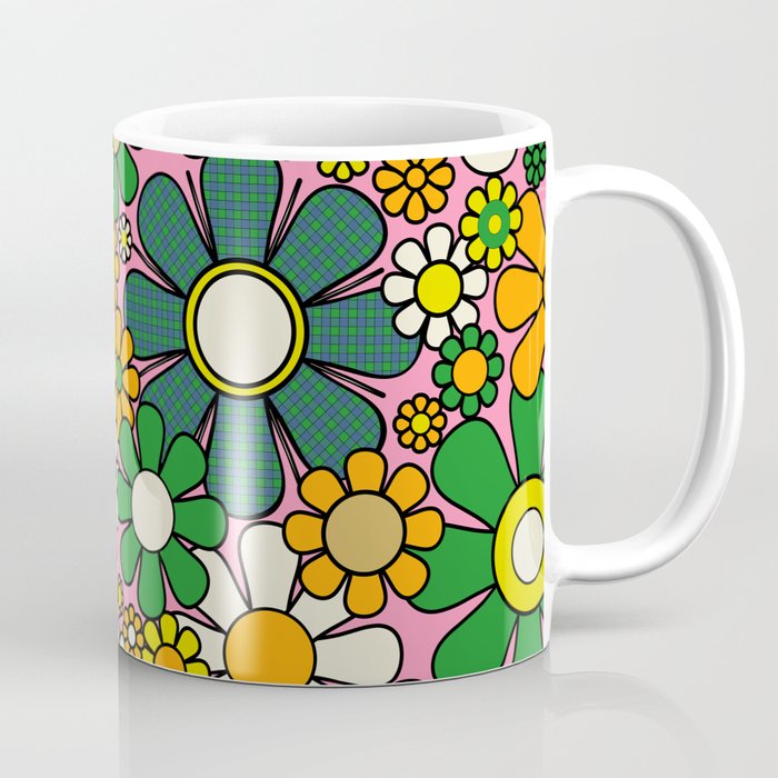 Retro 60s 70s Maximalist Floral Gingham Flowers Pattern in Green Pink Yellow Orange Coffee Mug Gallery Image 1