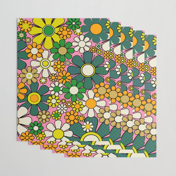 Retro 60s 70s Maximalist Floral Gingham Flowers Pattern in Green Pink Yellow Orange Wrapping Paper Gallery Image 3