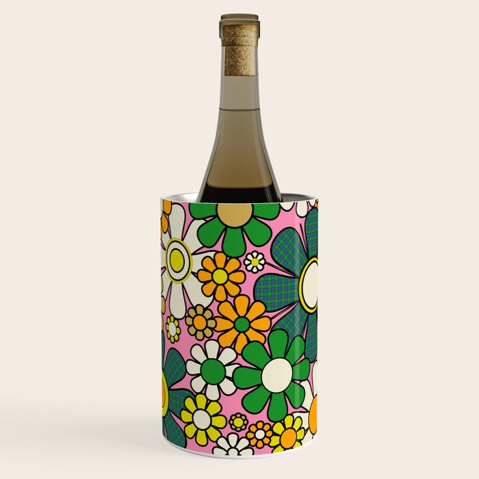 Retro 60s 70s Maximalist Floral Gingham Flowers Pattern in Green Pink Yellow Orange Wine Chiller Gallery Image 1