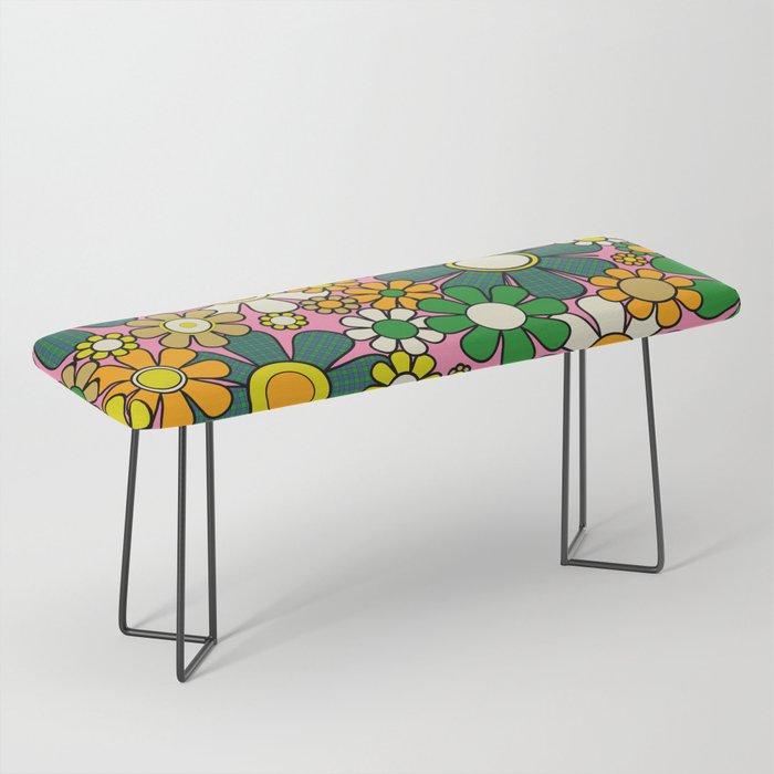 Retro 60s 70s Maximalist Floral Gingham Flowers Pattern in Green Pink Yellow Orange Bench Gallery Image 1