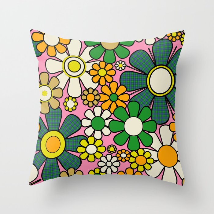 Retro 60s 70s Maximalist Floral Gingham Flowers Pattern in Green Pink Yellow Orange Throw Pillow Gallery Image 6