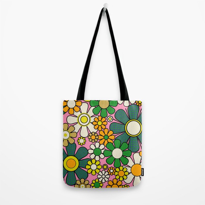 Retro 60s 70s Maximalist Floral Gingham Flowers Pattern in Green Pink Yellow Orange Tote Bag Gallery Image 2
