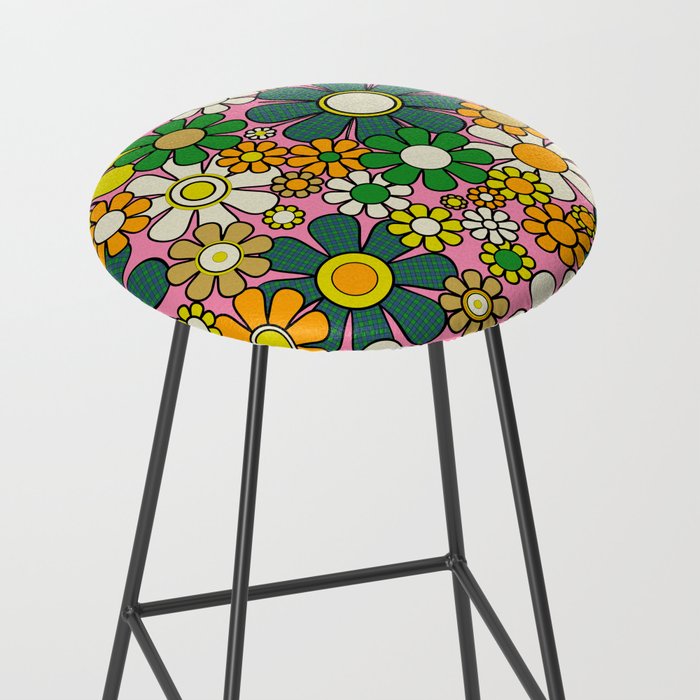 Retro 60s 70s Maximalist Floral Gingham Flowers Pattern in Green Pink Yellow Orange Stool Gallery Image 2