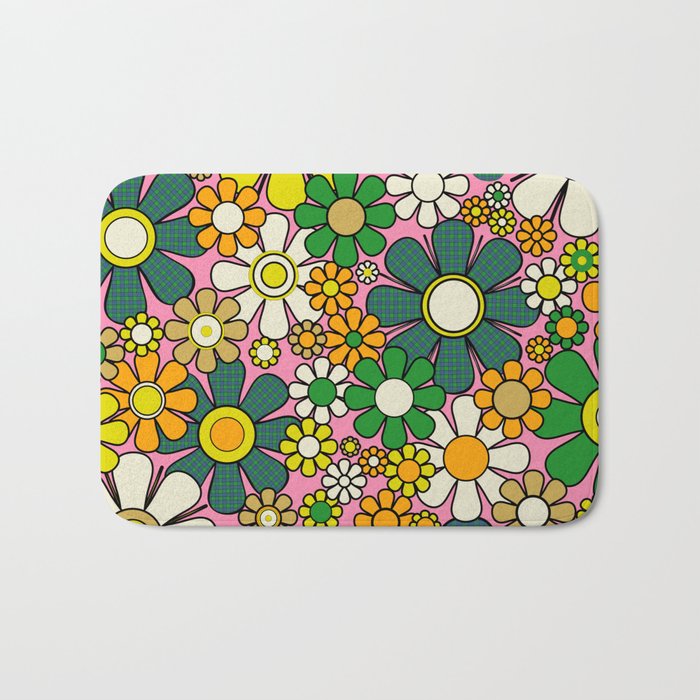 Retro 60s 70s Maximalist Floral Gingham Flowers Pattern in Green Pink Yellow Orange Bath Mat Gallery Image 1