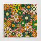 Retro 60s 70s Maximalist Floral Gingham Flowers Pattern in Green Pink Yellow Orange Wood Wall Art Gallery Image 1