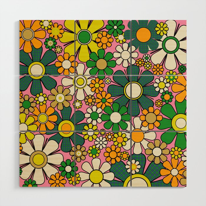 Retro 60s 70s Maximalist Floral Gingham Flowers Pattern in Green Pink Yellow Orange Wood Wall Art Gallery Image 1