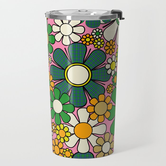 Retro 60s 70s Maximalist Floral Gingham Flowers Pattern in Green Pink Yellow Orange Travel Mug Gallery Image 2