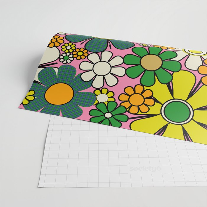 Retro 60s 70s Maximalist Floral Gingham Flowers Pattern in Green Pink Yellow Orange Wrapping Paper Gallery Image 2