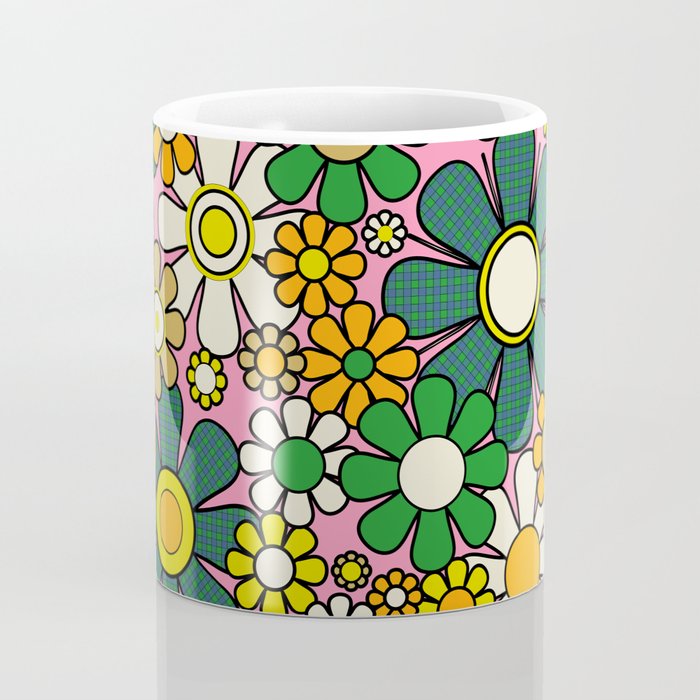 Retro 60s 70s Maximalist Floral Gingham Flowers Pattern in Green Pink Yellow Orange Coffee Mug Gallery Image 4
