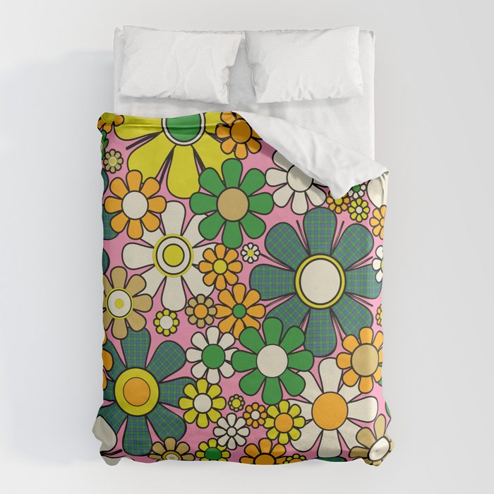 Retro 60s 70s Maximalist Floral Gingham Flowers Pattern in Green Pink Yellow Orange Duvet Cover Gallery Image 1